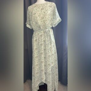 Roolee Floral Maxi Dress XL Green Ivory Short Sleeve Tie Waist